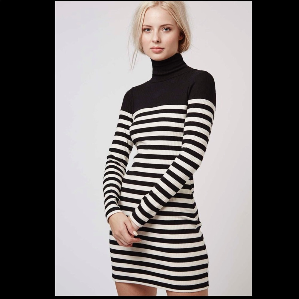 TOPSHOP striped rubbed turtleneck bodycon dress